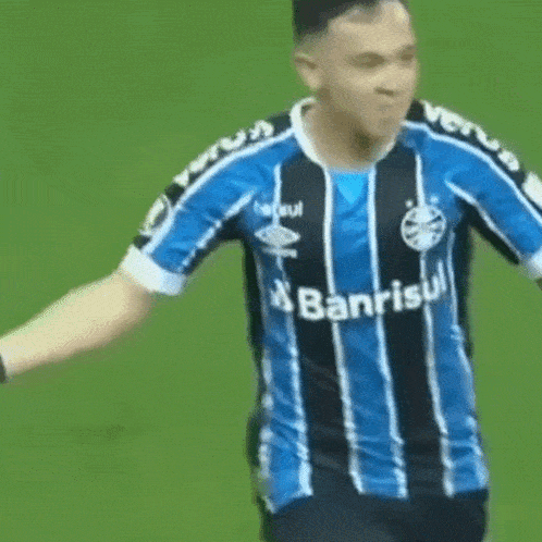 a man wearing a blue and black banrisul jersey is standing on a soccer field .