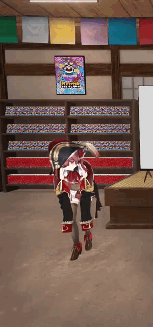 a girl in a pirate costume is sitting in front of a shelf with a sign that says ' pirate '