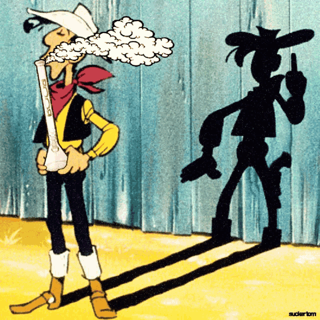 a cartoon of lucky luke smoking a bong with his shadow behind him