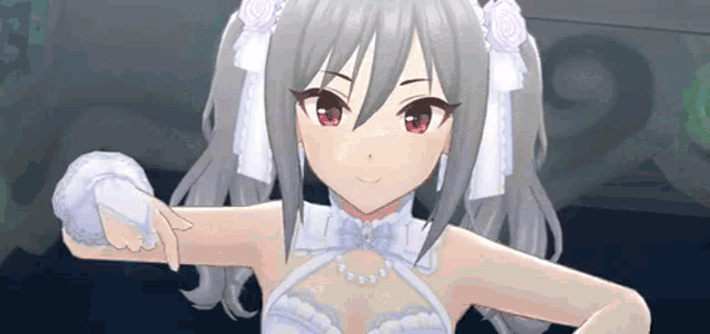 a anime girl with gray hair and red eyes is wearing a white dress and white gloves .