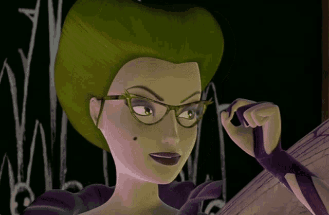 a cartoon character wearing glasses and a purple shirt