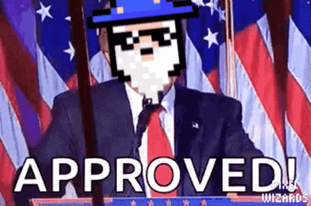 a man in a suit and tie is giving a speech in front of an american flag with a pixelated wizard on his head .
