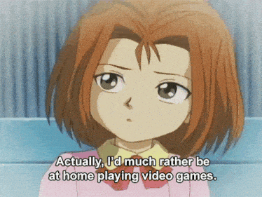 a girl in a pink shirt says actually i d much rather be at home playing video games