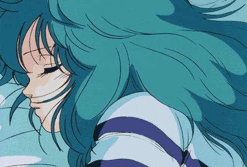 a girl with long blue hair is wearing a blue and white striped shirt