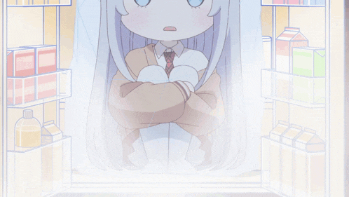 a girl with long white hair is standing in a refrigerator