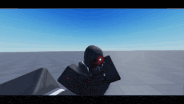 a video game character with a red eye is standing in the middle of a field