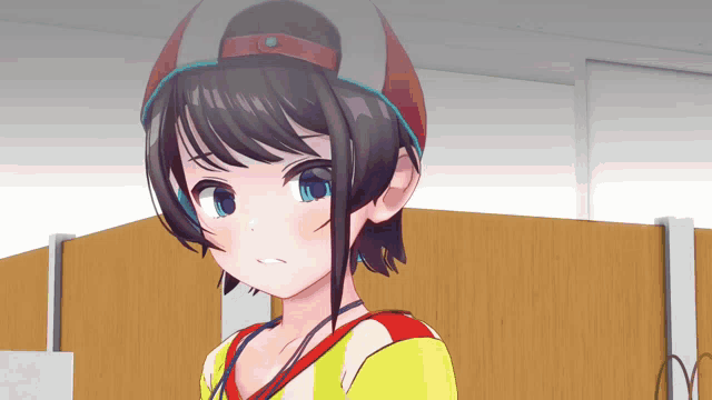 a girl wearing a baseball cap and a yellow shirt is standing in front of a wooden wall