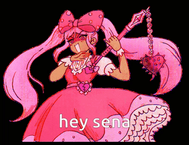 a drawing of a girl in a pink dress holding a heart on a chain with the words hey sena below it