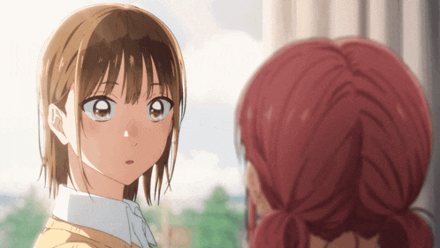 two anime girls are looking at each other and one has a red hair