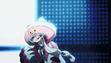 a cartoon character wearing a pink and white hat