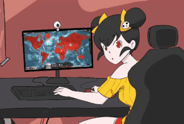 a cartoon of a girl sitting in front of a computer with a map of the world on the screen