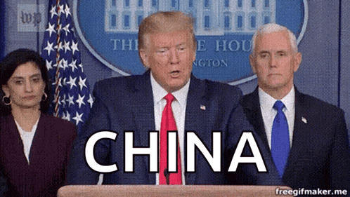 donald trump is giving a speech at a podium with the word china written on it