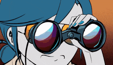 a cartoon of a woman looking through binoculars with blue nails