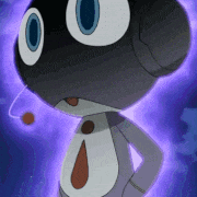 a close up of a cartoon character with big eyes and a purple background