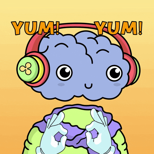 a cartoon of a brain wearing headphones and a cucumber on his head says yum