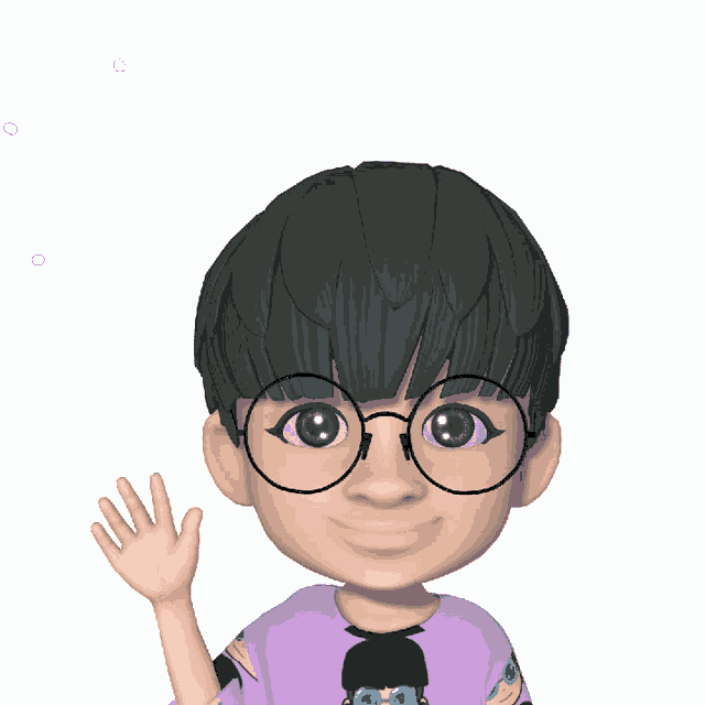a cartoon character wearing glasses and a purple shirt waving his hand