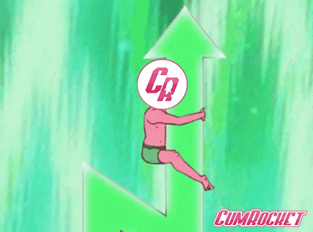 a cartoon of a person holding a green arrow with the word cumrocket on the bottom