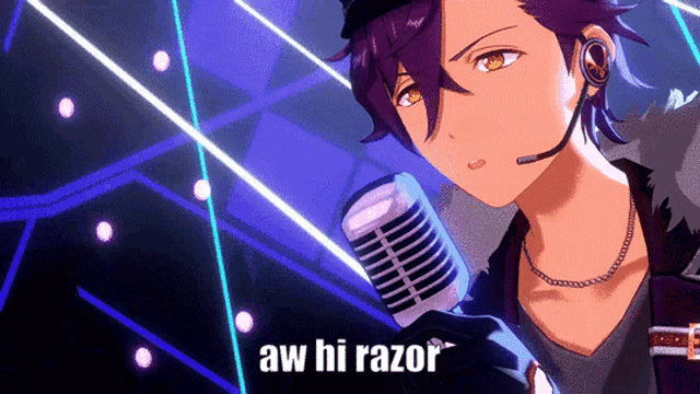 a cartoon character is singing into a microphone and the words aw hi razor are above him