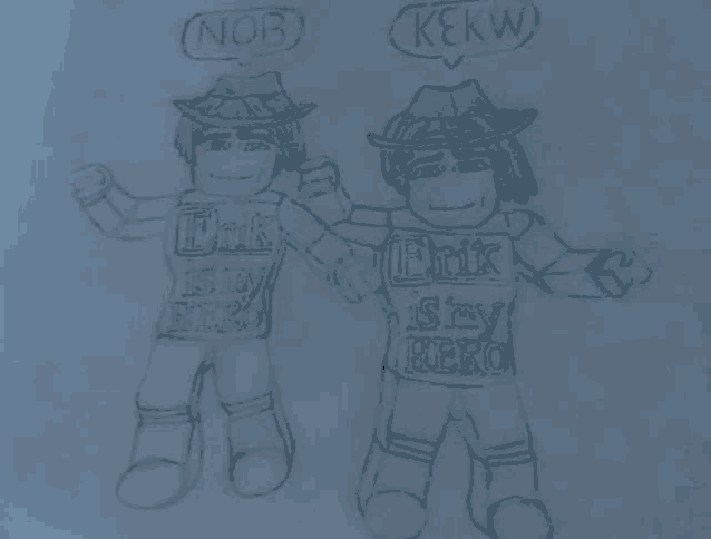 a drawing of erik and nob standing next to each other wearing shirts that say erik is my hero