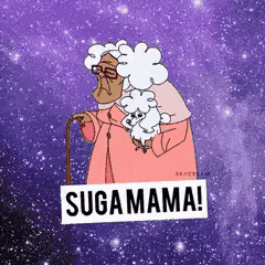 a cartoon of an elderly woman with a cane holding a sheep and the words suga mama