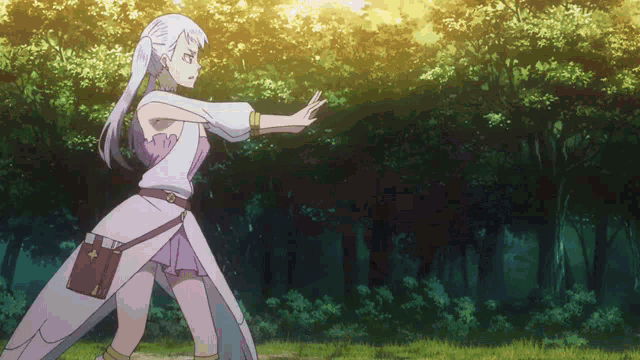 a girl with white hair is standing in the woods