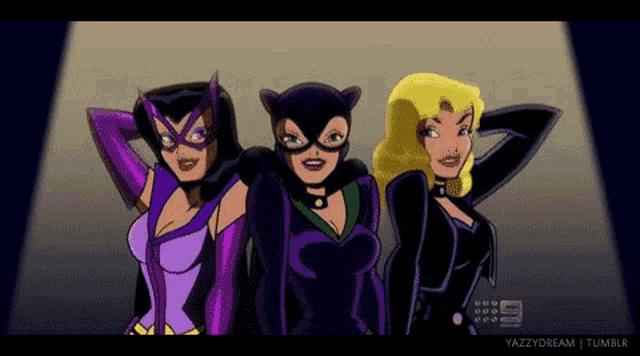 three women in superhero costumes are standing next to each other with the number 9 in the background
