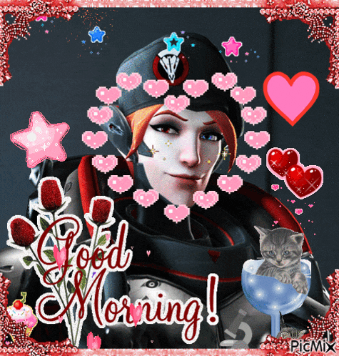 a picture of a woman and a cat with the words good morning