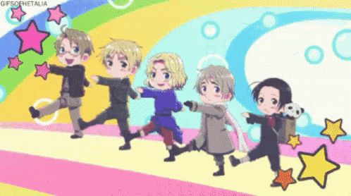 a group of anime characters are walking in a line .