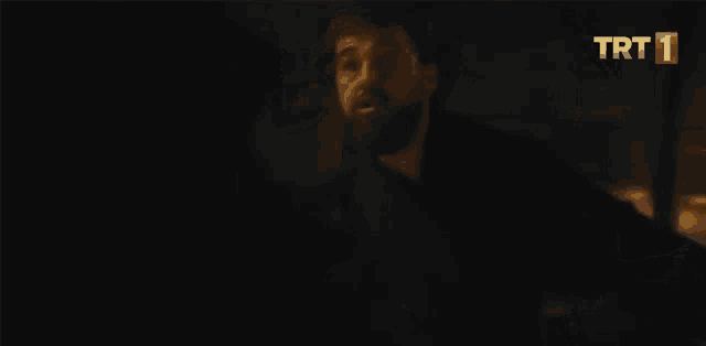 a man is standing in front of a fireplace in a dark room with a trt logo in the corner .