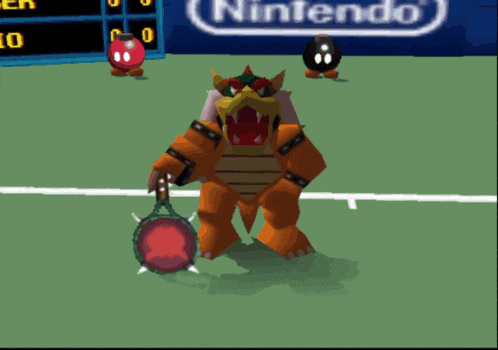 a video game character holding a tennis racquet in front of a nintendo sign