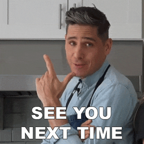 a man in a blue shirt and apron says " see you next time " with his finger