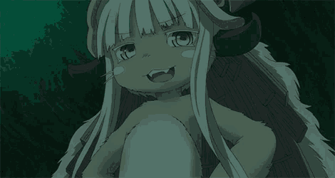 a naked anime girl with long white hair and horns is sitting down and smiling .
