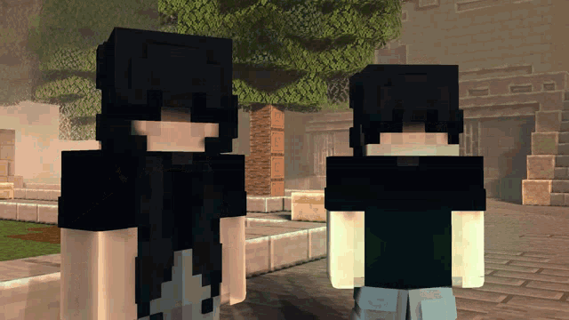 two minecraft characters are standing next to each other on a sidewalk