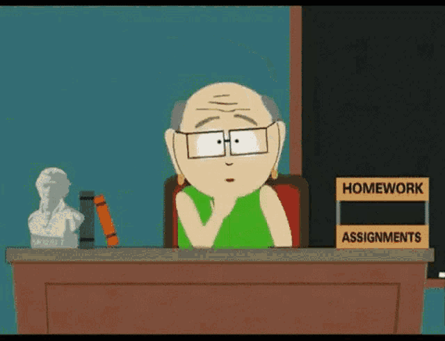 a cartoon character with glasses sits at a desk with a sign that says homework assignments