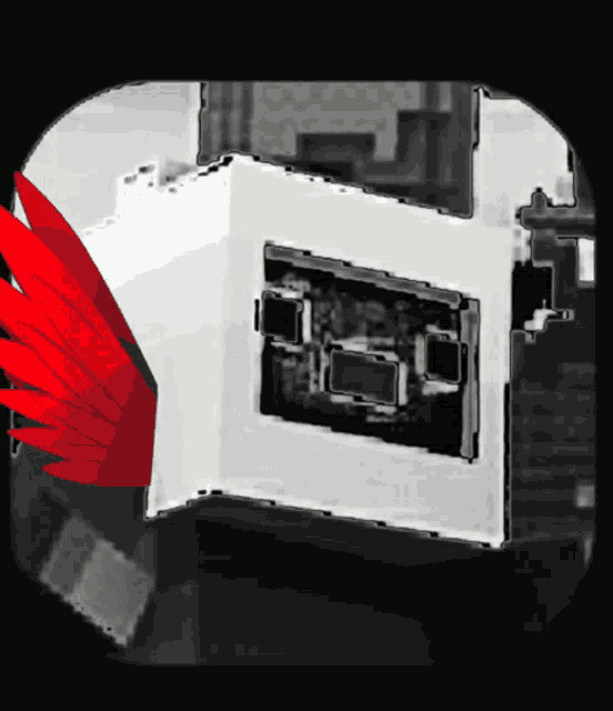 a black and white drawing with a red wing