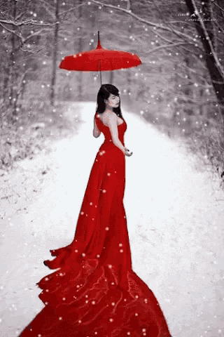 the woman is wearing a long red dress and holding an umbrella in the snow .