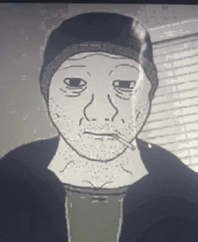 a black and white drawing of a man with a cigarette in his mouth