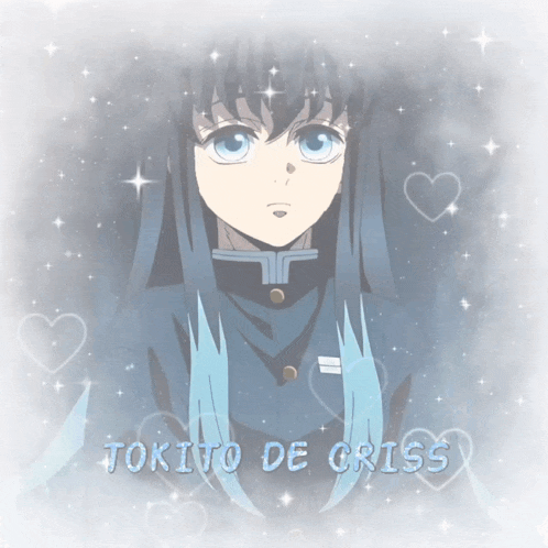 a picture of a girl with blue hair and the name tokito de criss