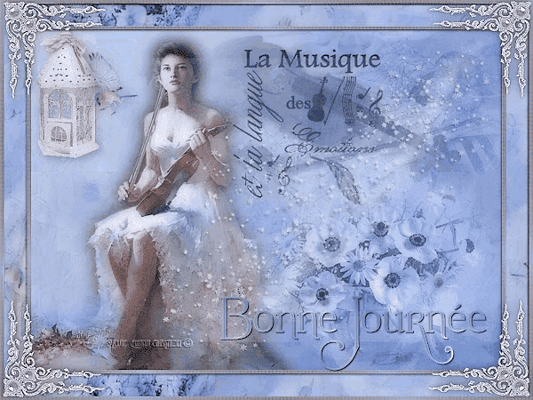 a greeting card with a woman holding a violin and the words la musique bonne journee on the bottom