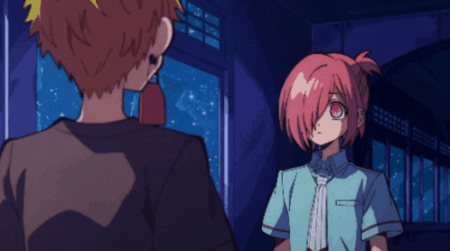 a boy with red hair is standing next to another boy with pink hair