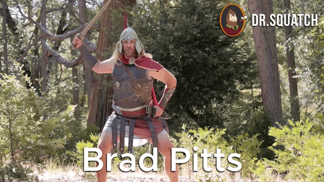 a man dressed as a roman soldier with the name brad pitts written on the bottom