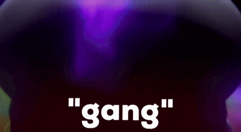 a close up of a cartoon character 's face with red eyes and the word gang written in white letters .