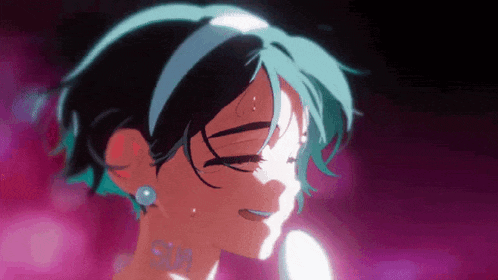 a close up of a cartoon girl with blue hair and earrings