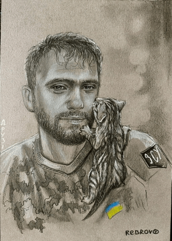 a black and white drawing of a man with a cat on his shoulder and the name rebrovo on the bottom