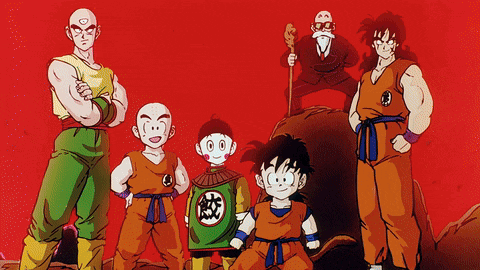 a group of cartoon characters are standing next to each other and one has a chinese symbol on his shirt