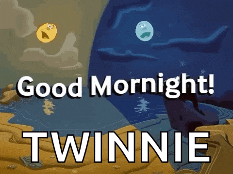 a cartoon says good mornight twinnie with a picture of the sun and moon