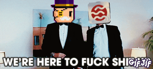 two men in tuxedos are standing next to each other and the caption says we 're here to fuck shigif