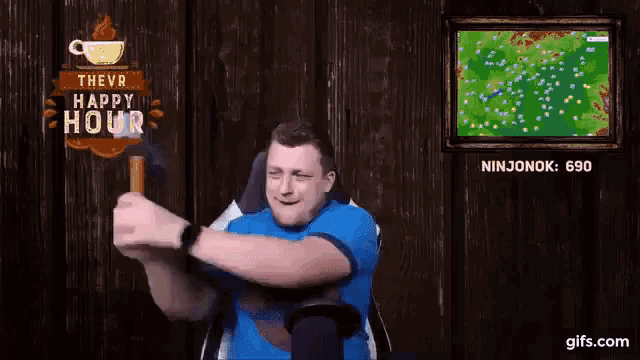 a man is holding a hammer in front of a sign that says thevr happy hour