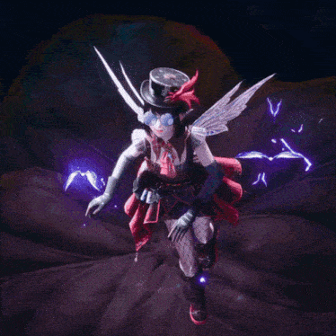 a fairy with wings and a top hat is flying in the air