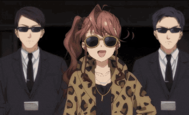a girl wearing sunglasses and a leopard coat is surrounded by two men in suits